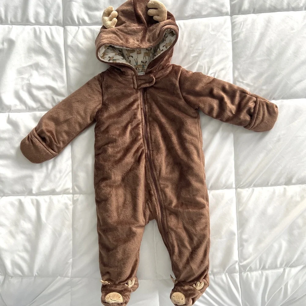9M🫎 Carter's Brown Moose Bodysuit Plush One Piece Pram with Hood Snow Suit